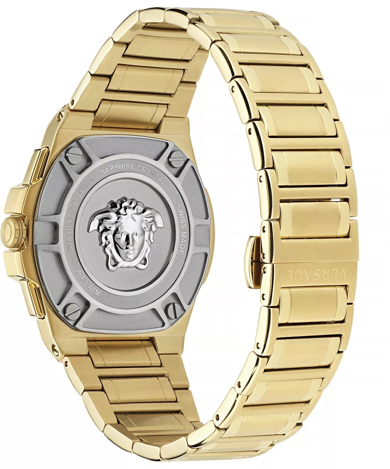 Caseback and side profile of Versace Greca Extreme gold chronograph watch