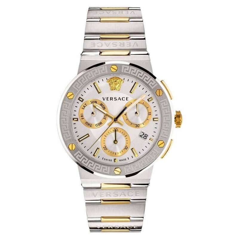 Versace Greca Logo chronograph watch with silver dial, gold subdials, two-tone stainless steel bracelet