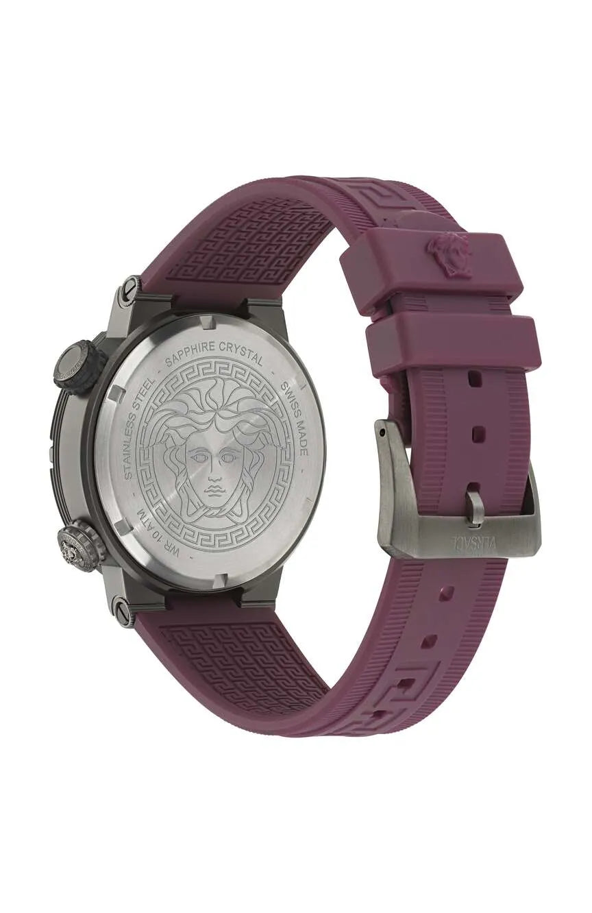 Caseback of Versace Greca Logo Diver showing Medusa medallion design on stainless steel