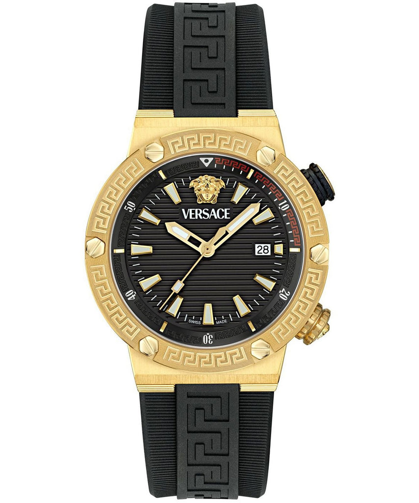 Versace Greca Logo Diver gold case black dial watch with black rubber strap