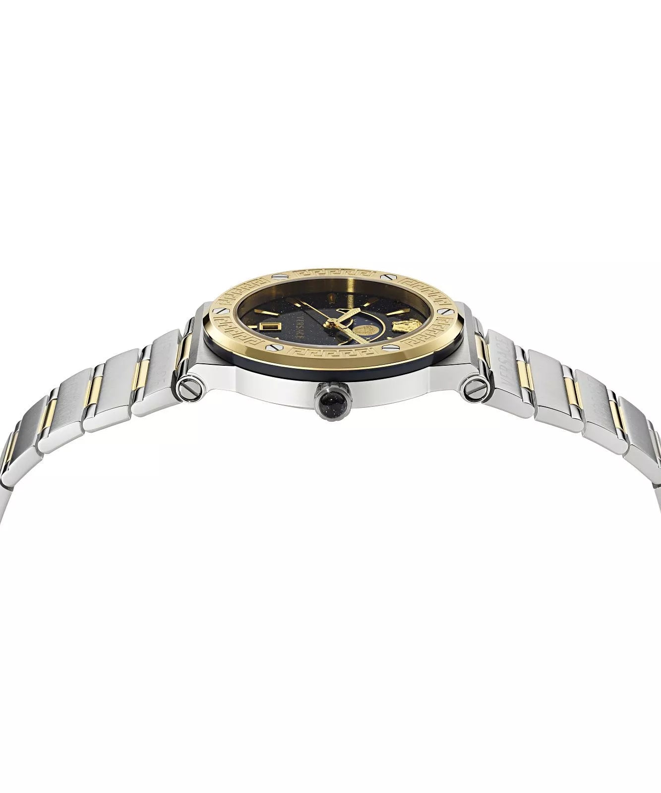 Versace Greca Logo Moonphase two-tone watch shown at an angle from above