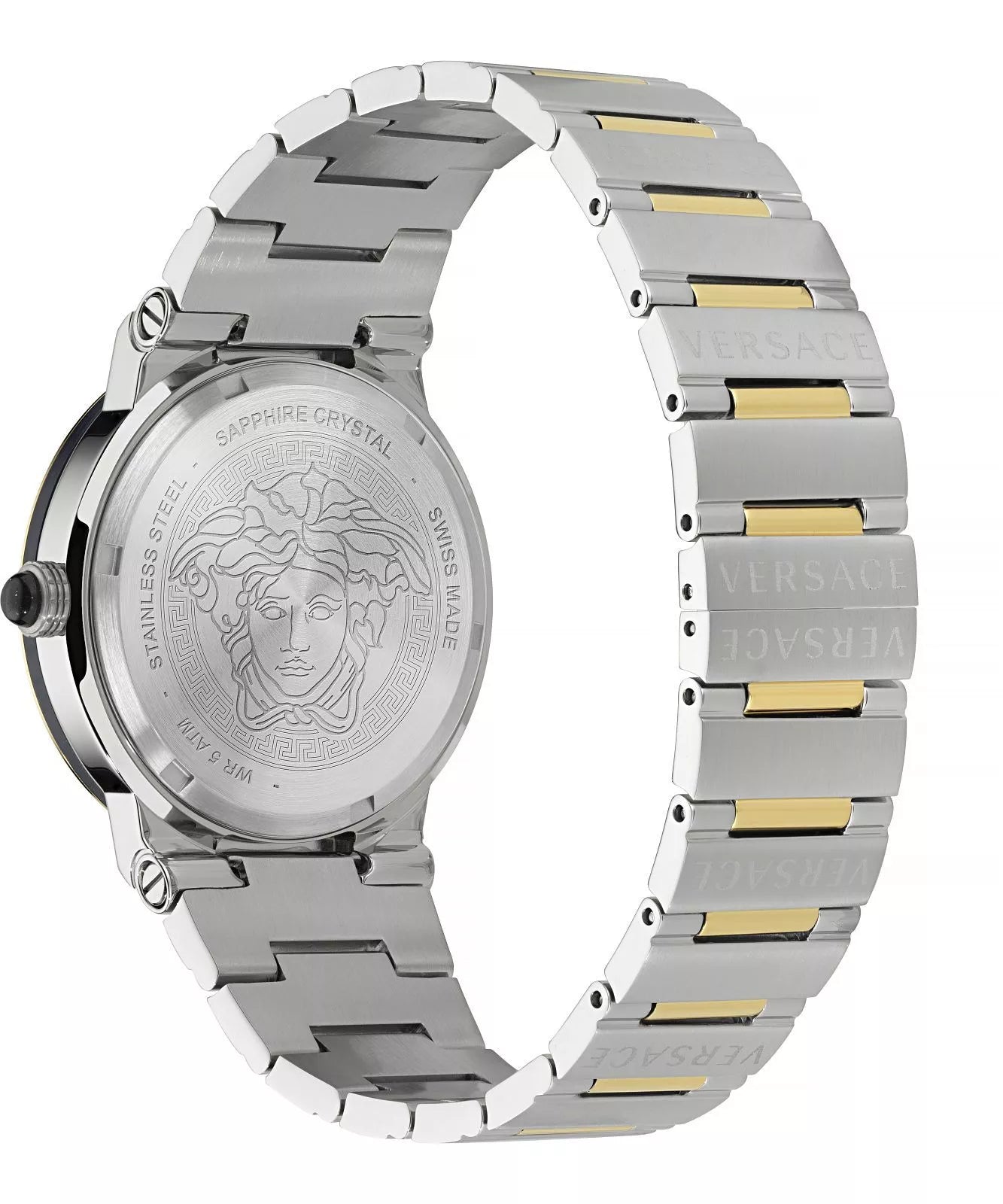 Versace Greca Logo Moonphase caseback with Medusa head engraving and two-tone bracelet