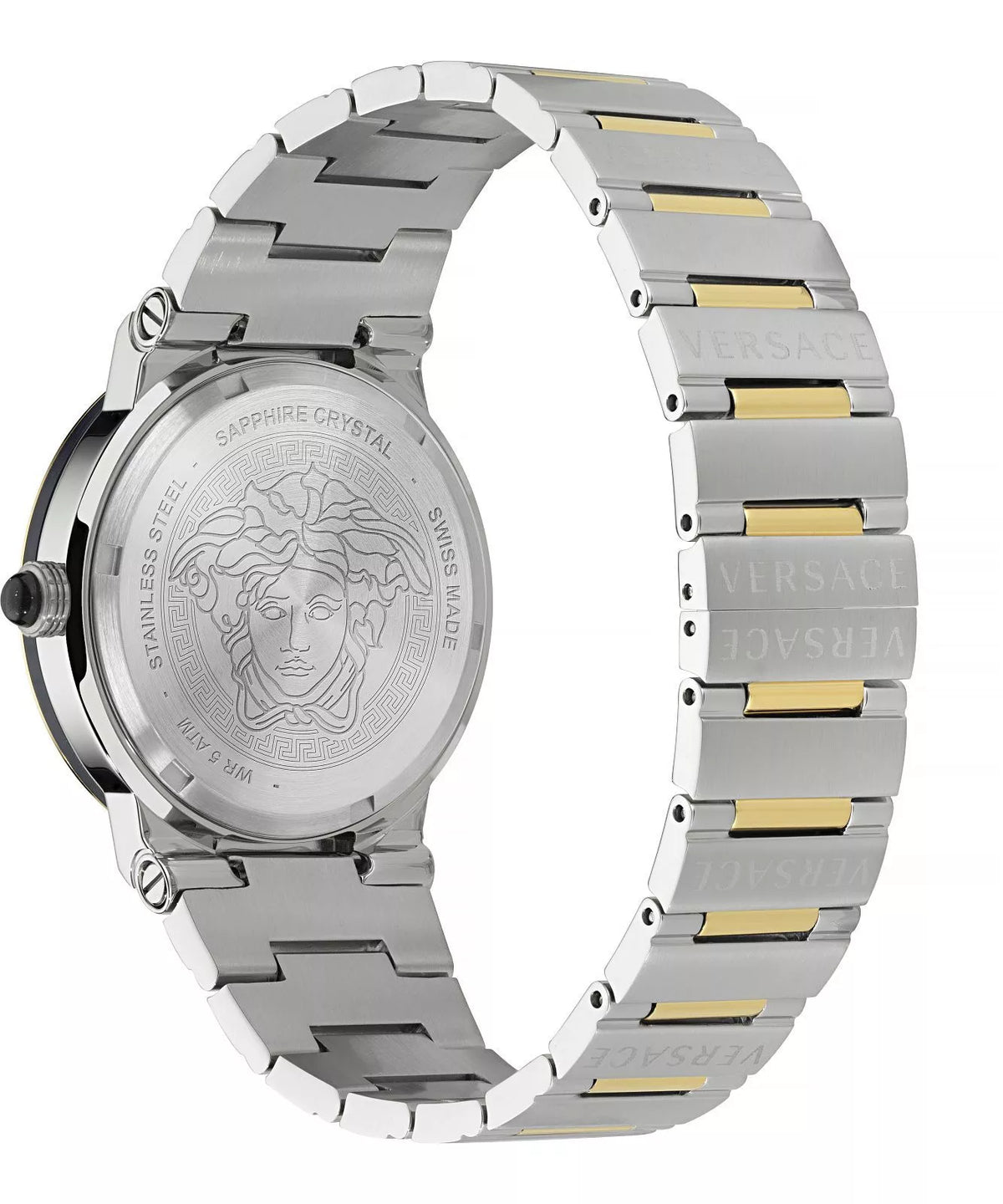 Versace Greca Logo Moonphase caseback with Medusa head engraving and two-tone bracelet