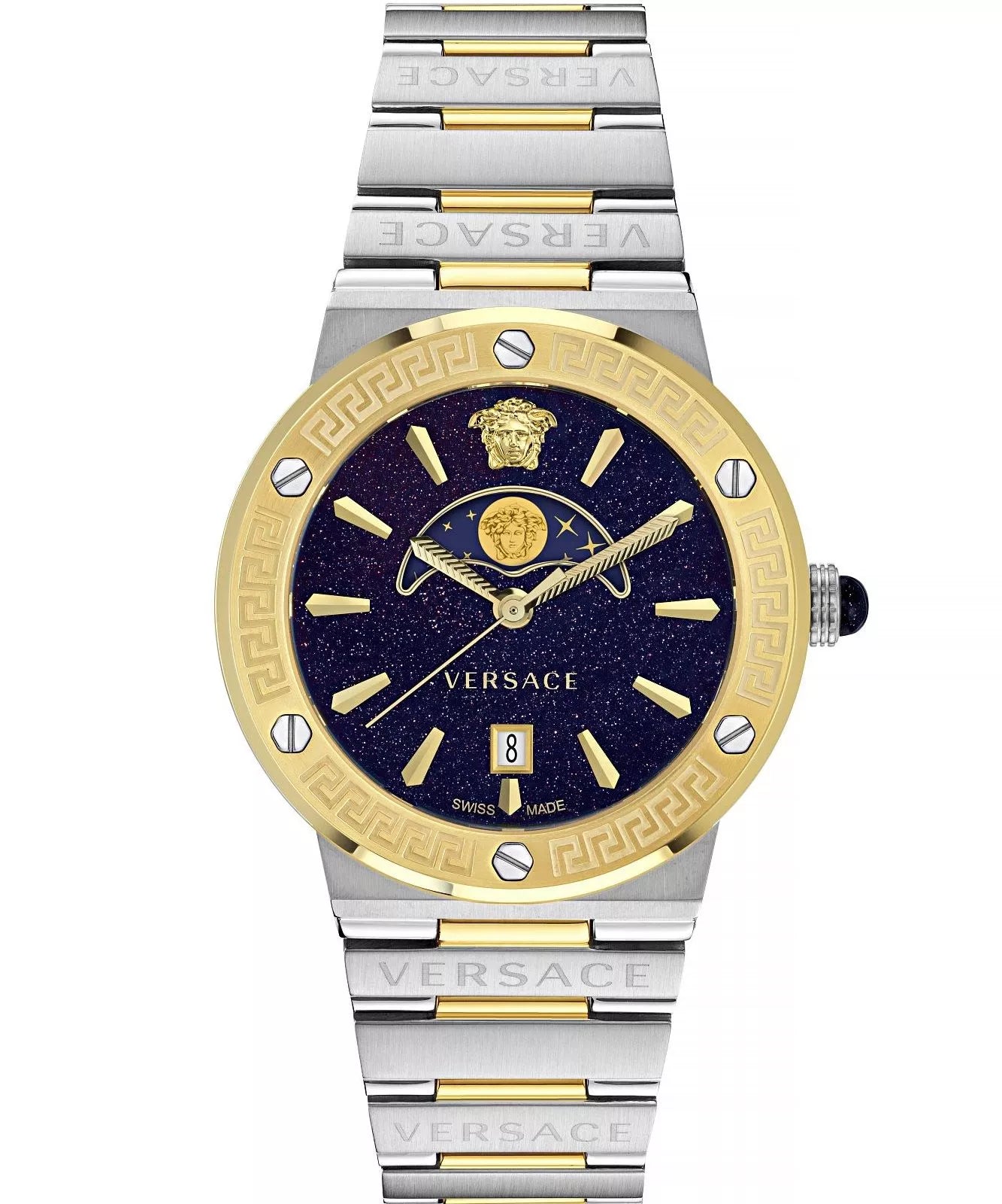 Versace Greca Logo Moonphase two-tone watch with navy dial and gold bezel