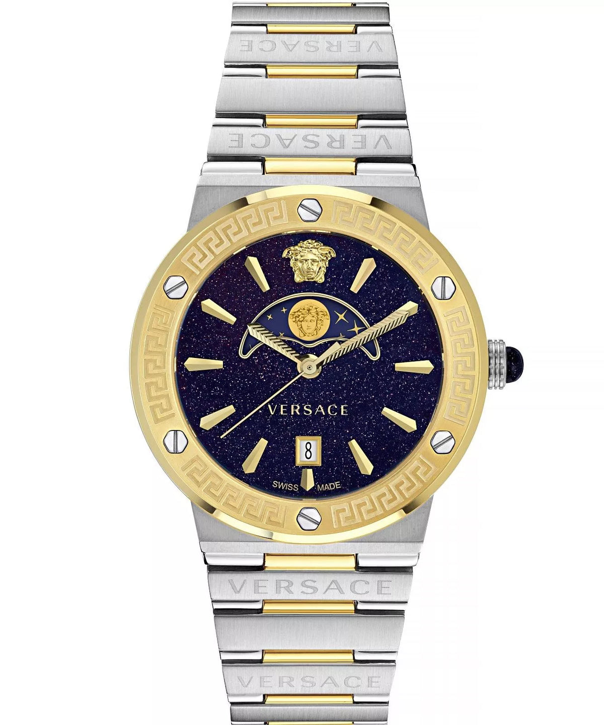 Versace Greca Logo Moonphase two-tone watch with navy dial and gold bezel