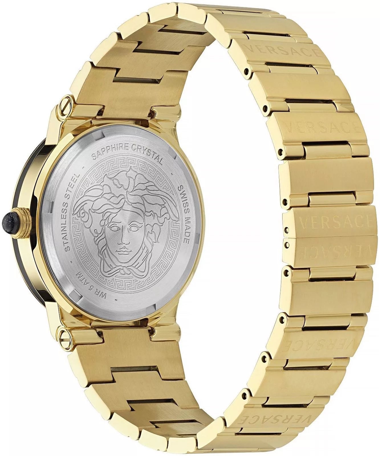 Versace watch caseback featuring Medusa head engraving and sapphire crystal with bracelet