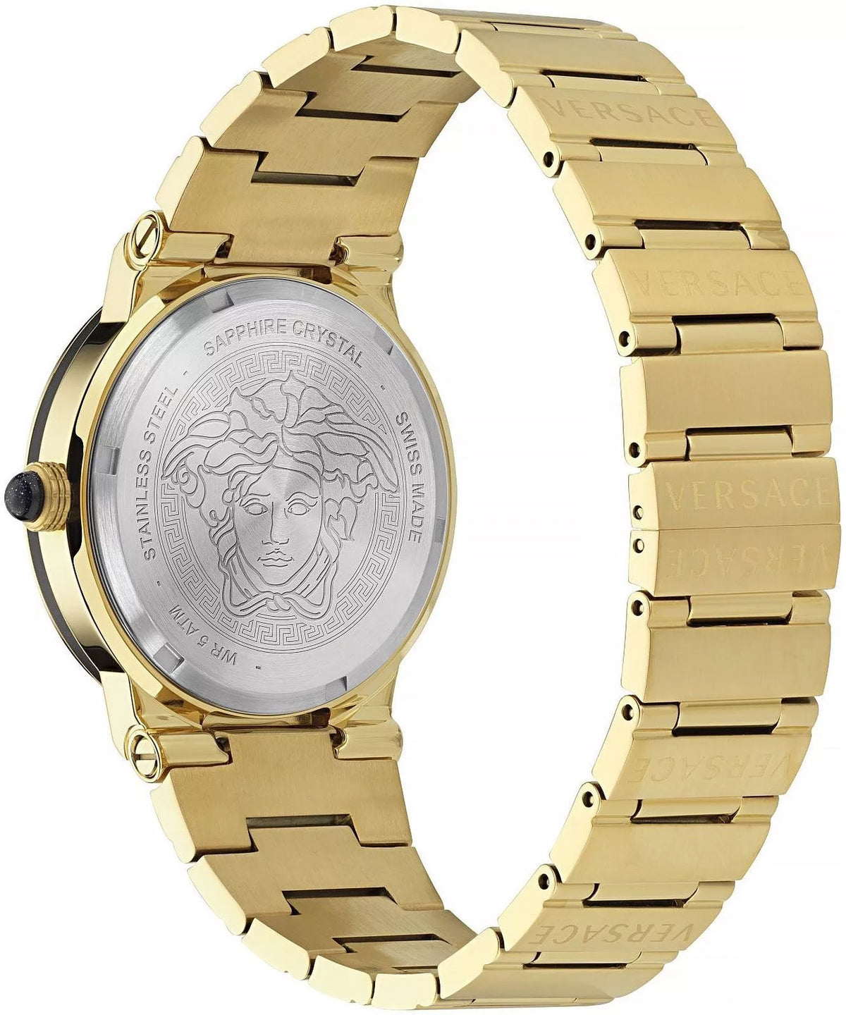 Versace watch caseback featuring Medusa head engraving and sapphire crystal with bracelet