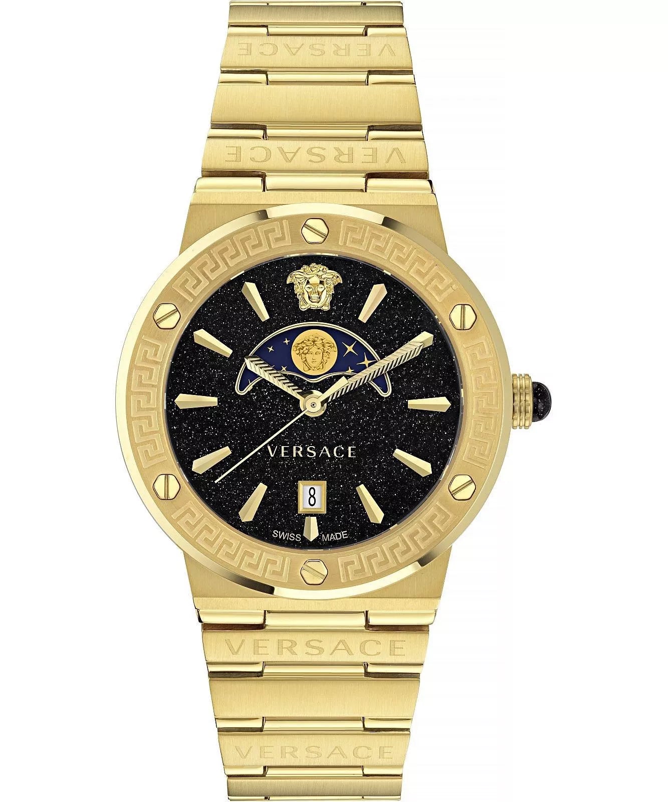 Versace Greca Logo Moonphase watch with black dial, gold case, moonphase complication, and gold bracelet
