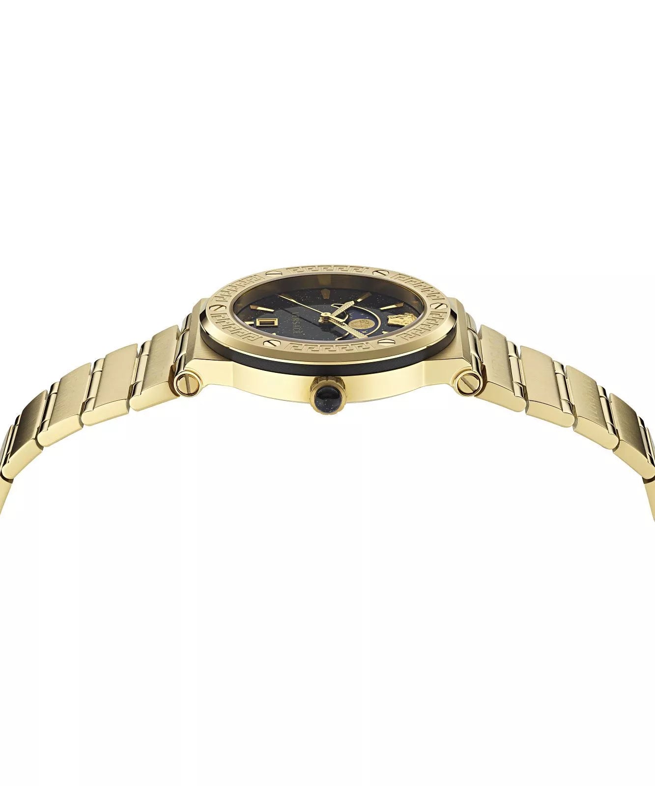 Versace Greca Logo Moonphase watch shown from side angle with gold case and bracelet