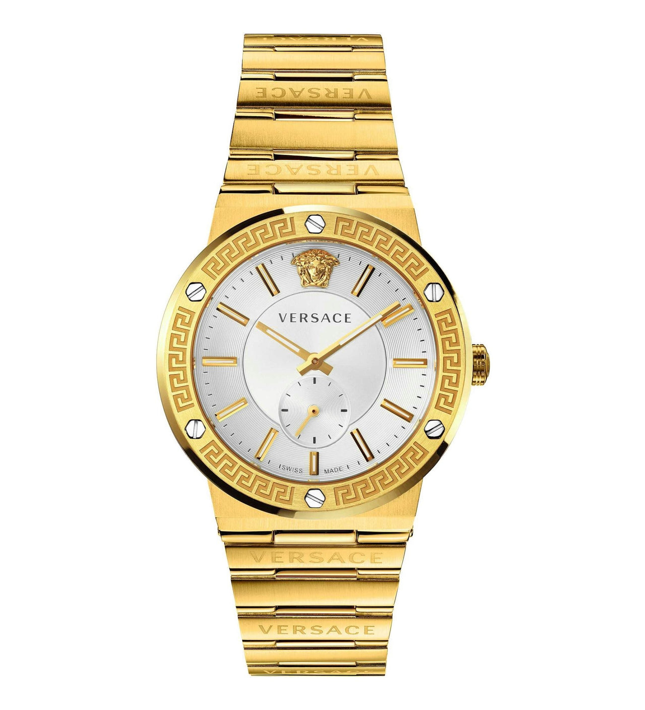 Versace Greca Logo gold-tone quartz watch with silver dial and Greca pattern bezel