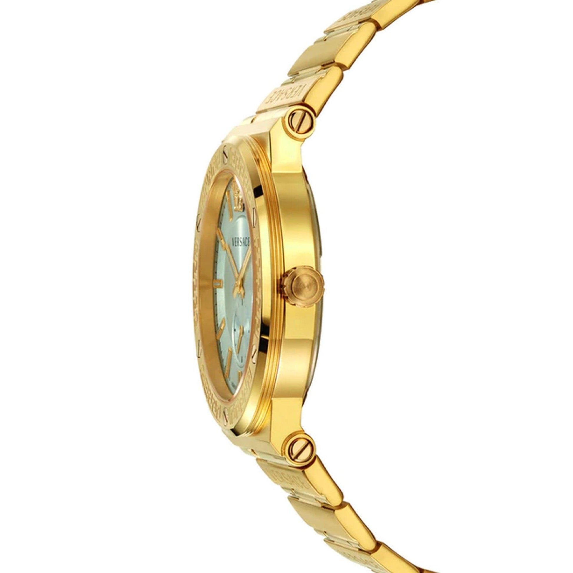 Versace Greca Logo watch side profile showing case depth and gold-tone design