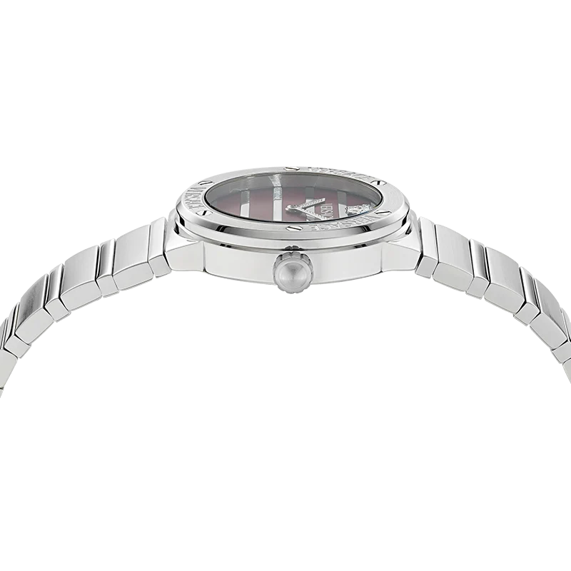 Versace Greca Logo watch angle view displaying burgundy mother of pearl dial and silver steel case