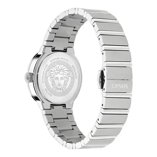 Versace Greca Logo watch side view showing silver steel bracelet and caseback with Medusa medallion
