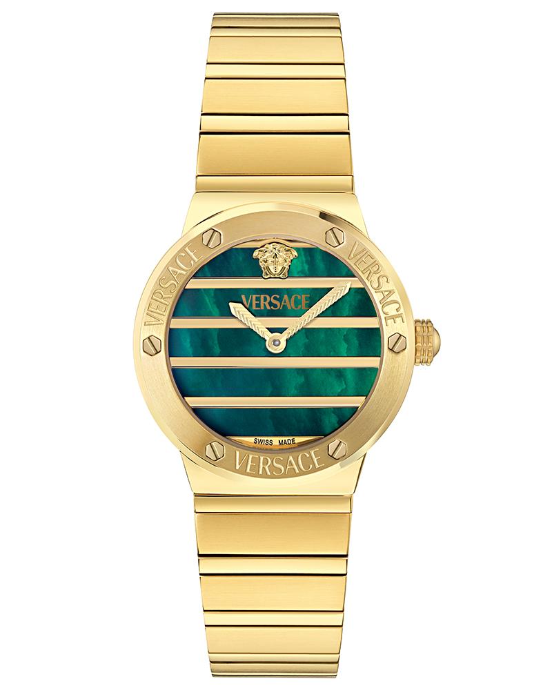 Versace Greca Logo Pearl Green Mother of Pearl Dial Gold Stainless Steel Women's Watch VE0S00425