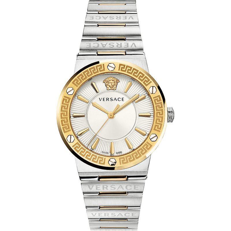 Versace Greca Logo quartz watch with silver dial, gold bezel, and two-tone stainless steel bracelet