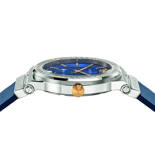 Versace Greca Logo watch side view with blue dial and silver-tone case with gold accents