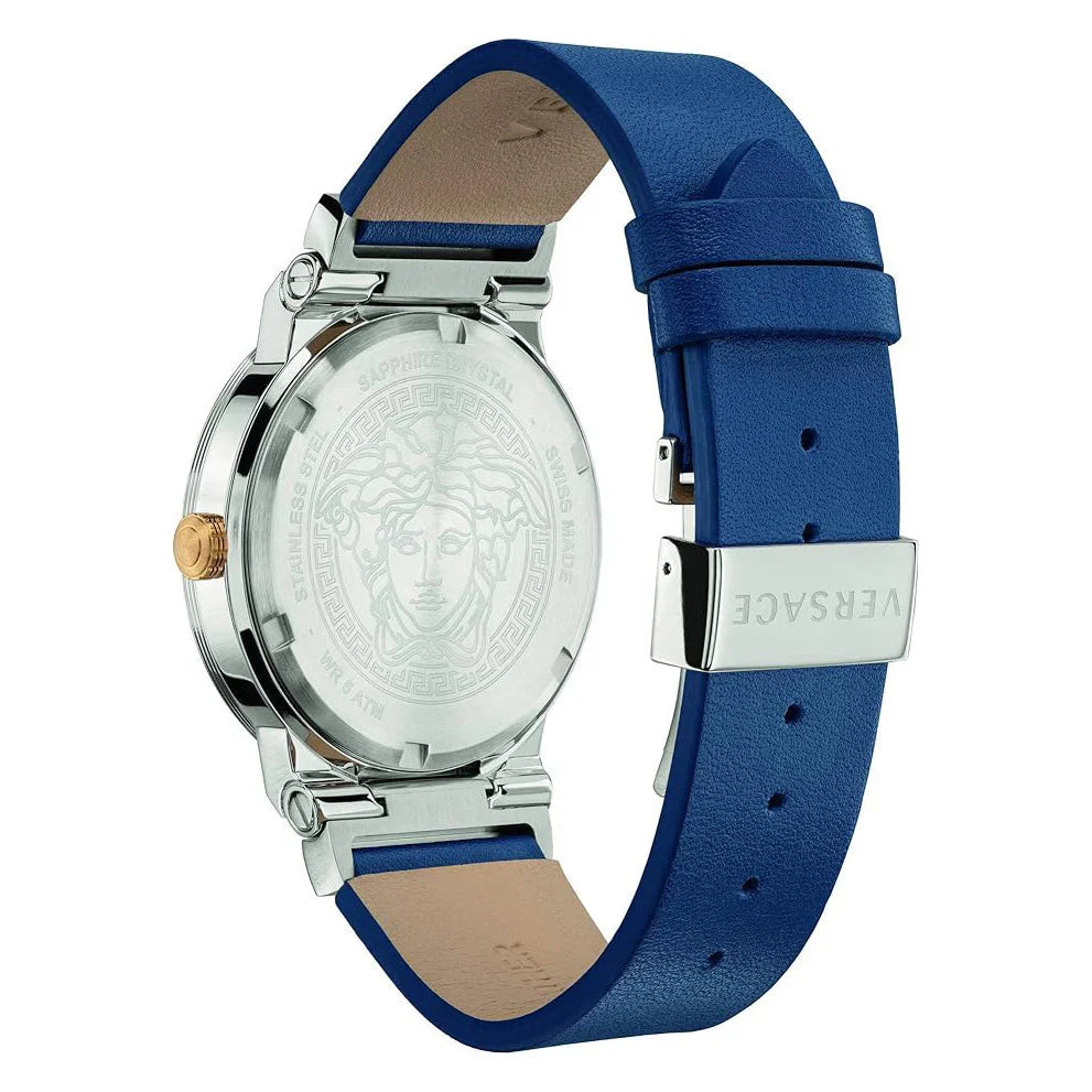 Versace Greca Logo watch caseback showing Medusa medallion and blue leather strap