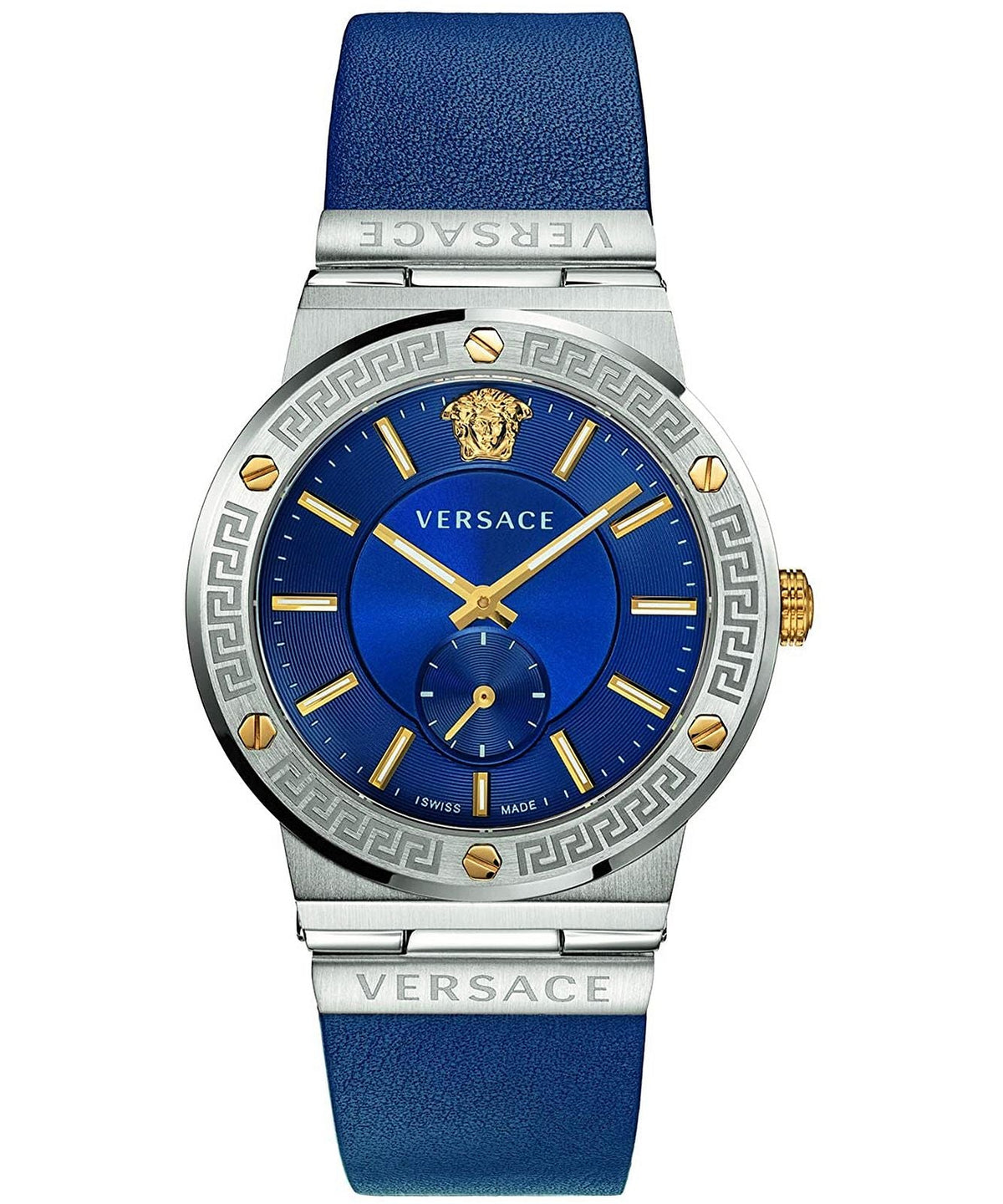 Versace Greca Logo quartz men's watch with blue dial and blue leather strap