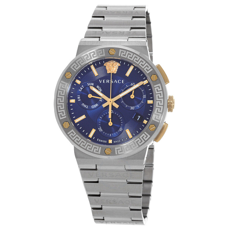 Versace Greca Logo chronograph watch with blue dial and silver bracelet