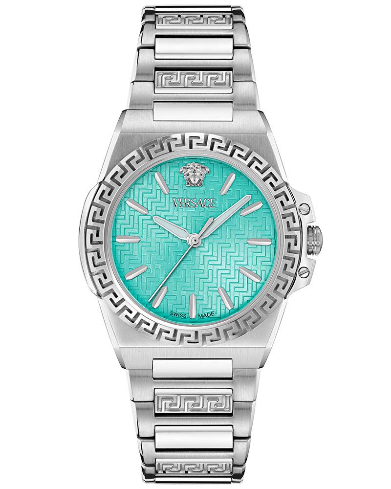 Versace Greca Reaction Lady watch with light blue dial and stainless steel bracelet