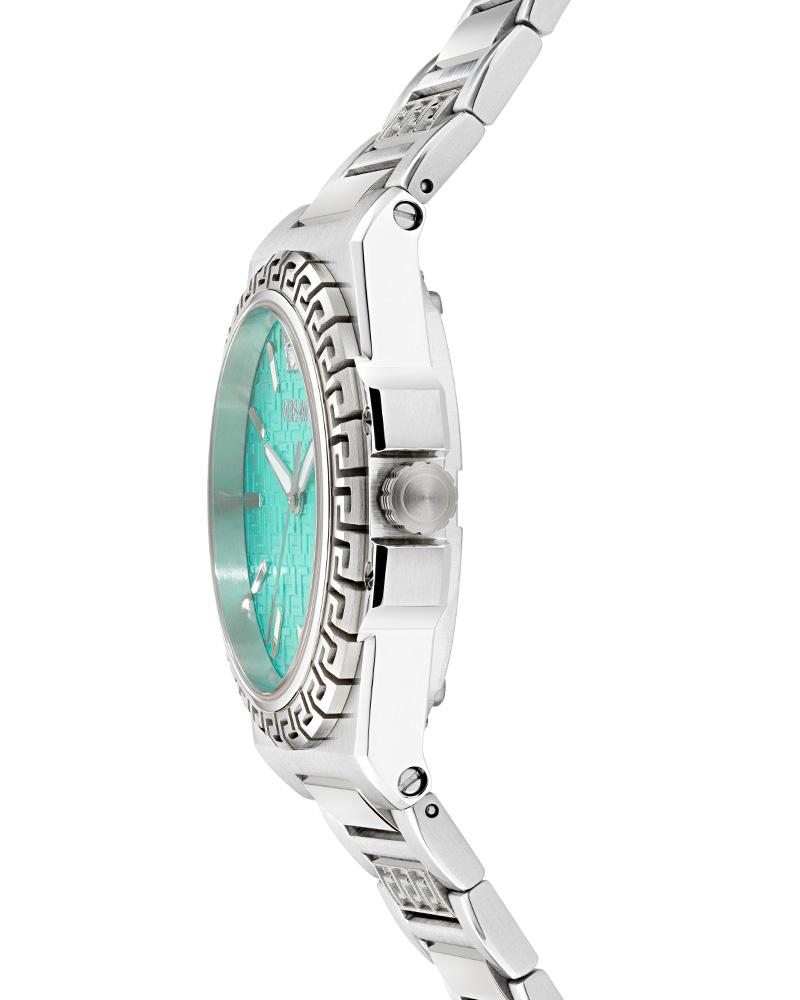 Side view of Versace Greca Reaction Lady watch with light blue dial and Greca bezel