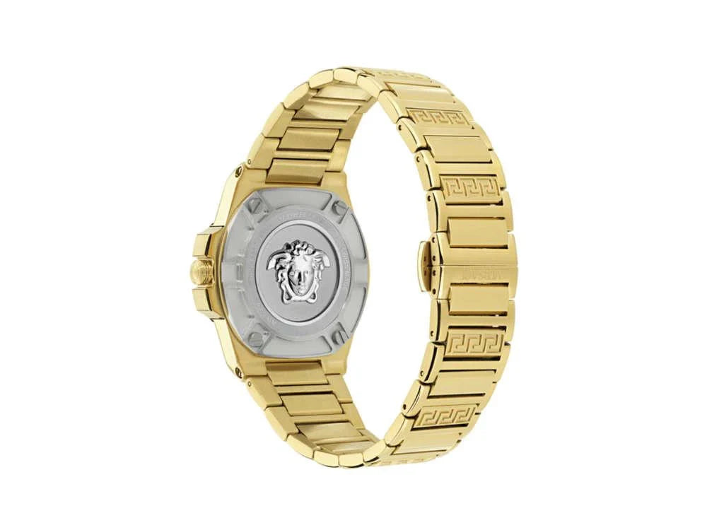 Versace Greca Reaction Lady watch caseback showing Medusa emblem on gold-tone stainless steel