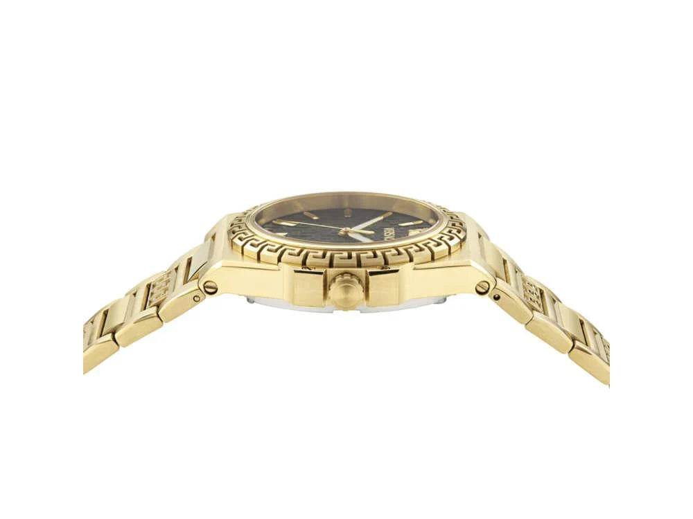 Side view of Versace Greca Reaction Lady watch showing gold-tone case profile and bracelet