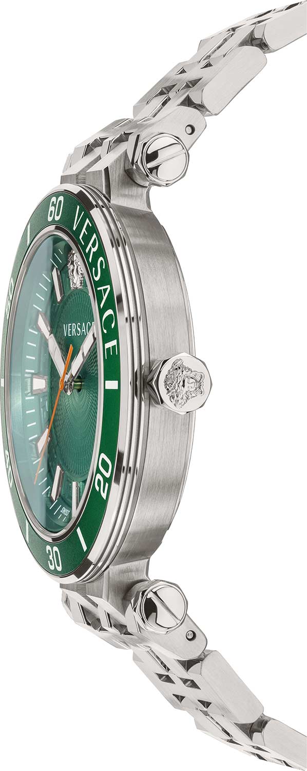 Side angle view of Versace Greca Sport watch with green dial and stainless steel bracelet