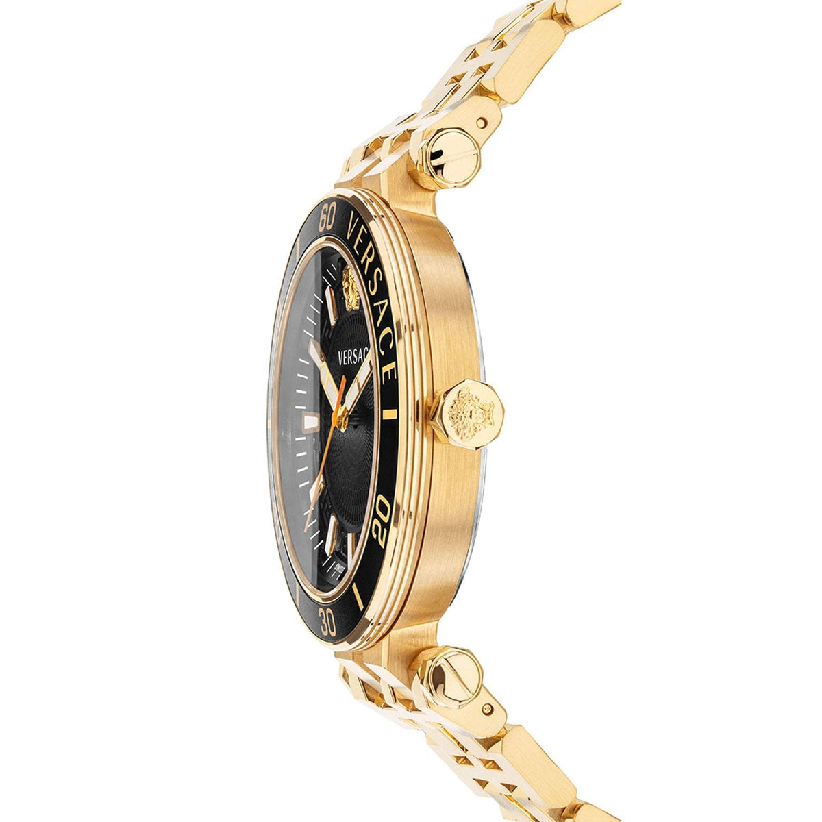 Versace Greca Sport watch side profile showing gold case and black dial