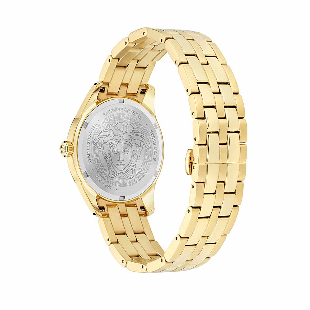 Versace watch caseback with engraved Medusa head and gold-tone metal bracelet