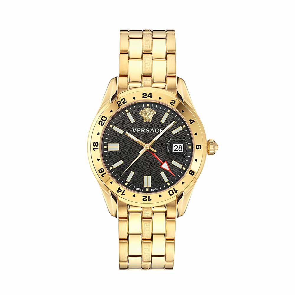 Versace Greca Time GMT gold men's watch with black dial, date window and GMT bezel