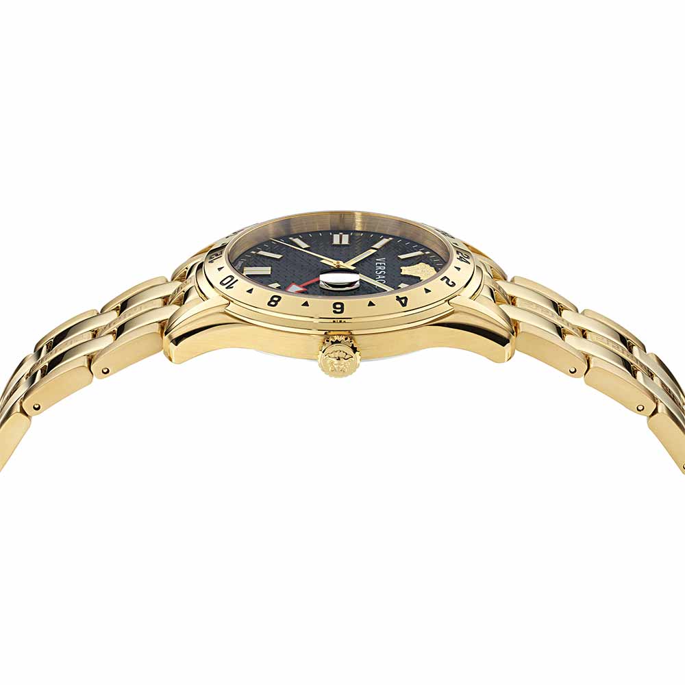 Side view of Versace Greca Time GMT watch with curved gold-tone case and bracelet