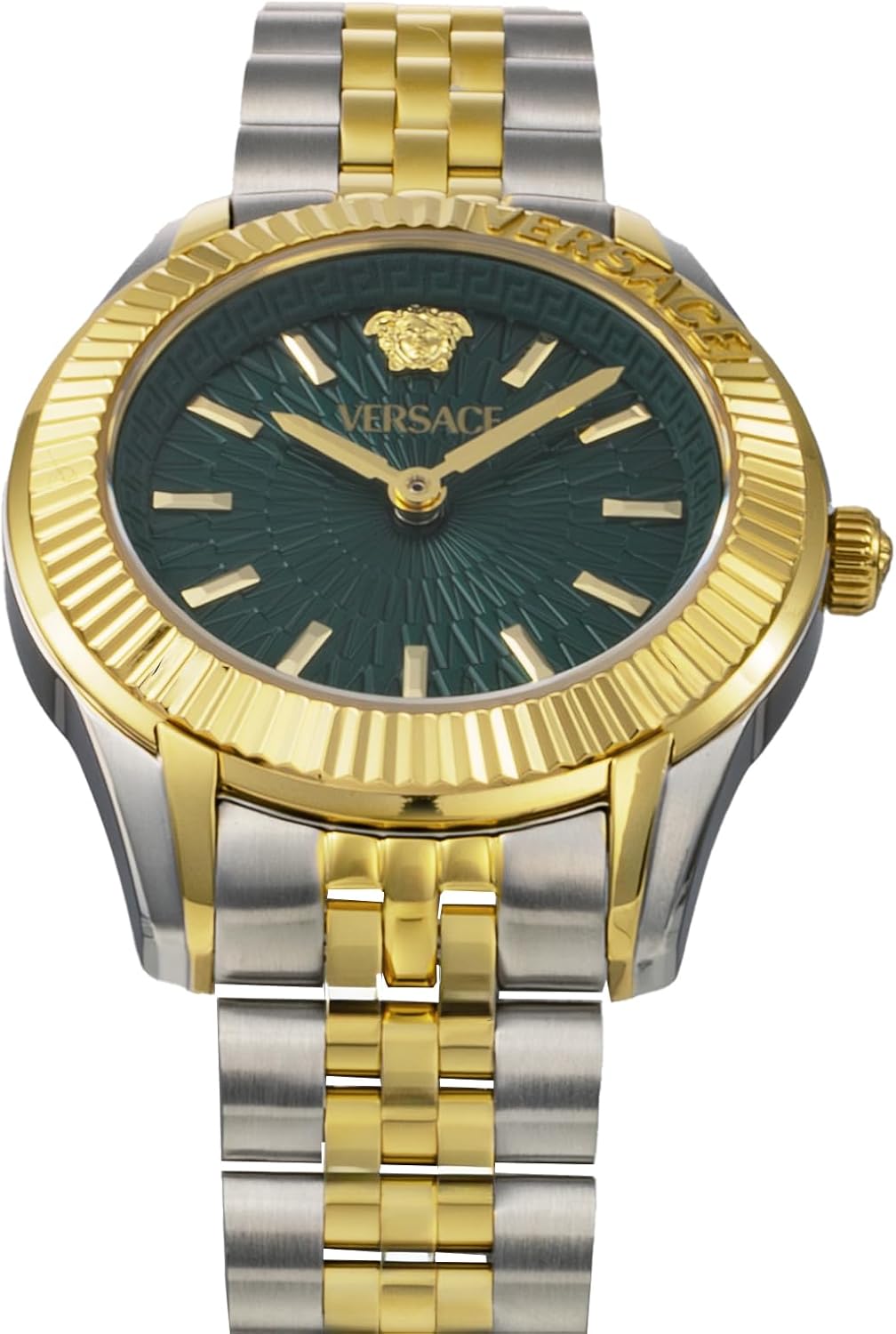 Angled view of Versace Greca Time Petite watch with green dial and two-tone bracelet