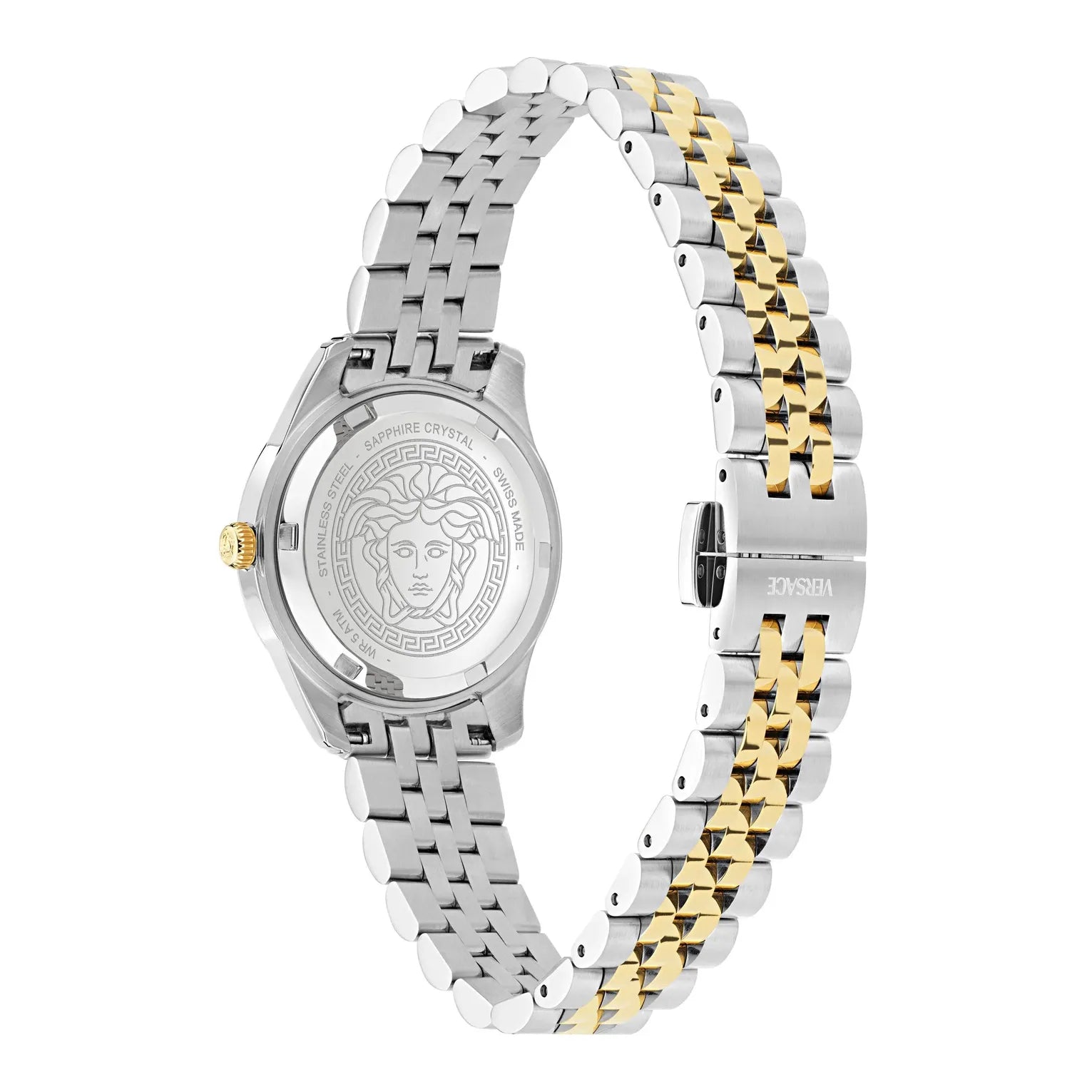 Caseback of Versace Greca Time Petite watch with Medusa medallion and two-tone bracelet