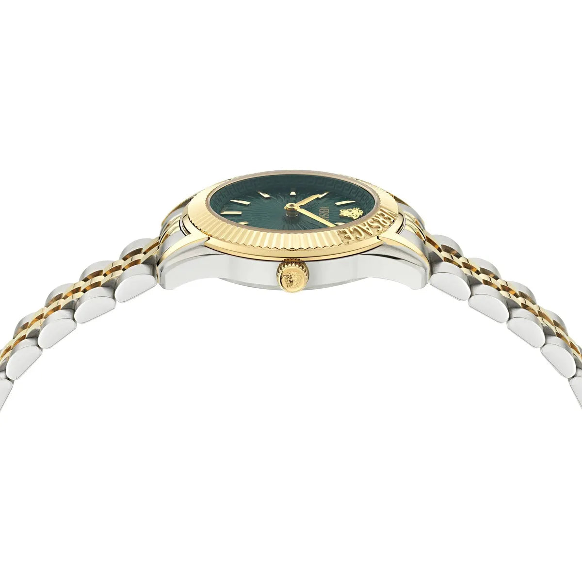Side profile of Versace Greca Time Petite watch showing case depth and two-tone bracelet