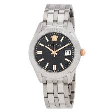 Versace Greca Time watch three-quarter view showing black dial and stainless steel bracelet