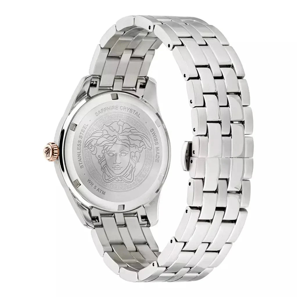 Versace Greca Time watch caseback showing Medusa head engraving and stainless steel construction