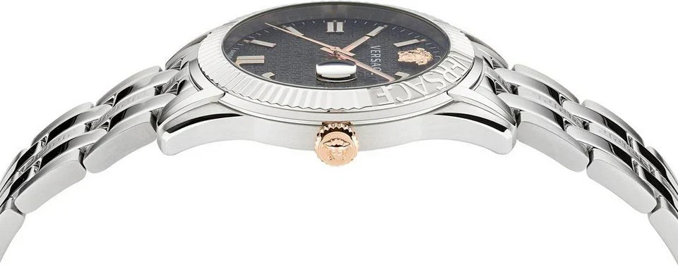 Versace Greca Time black dial detail with Medusa head logo, rose gold accents and stick indices