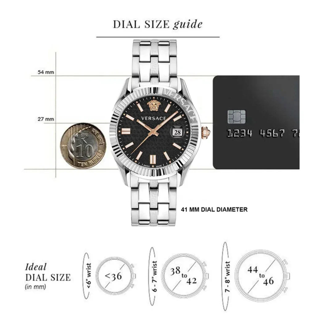 Versace Greca Time watch size guide showing 41mm dial diameter and wrist size recommendations