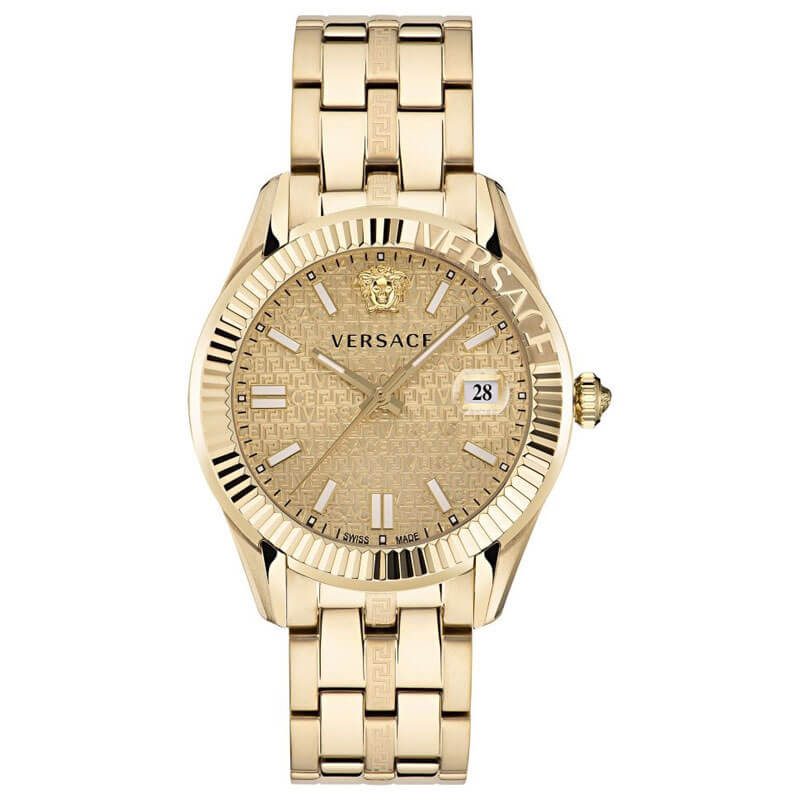 Versace Greca Time gold quartz watch with gold dial and gold steel link bracelet