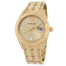Versace Greca Time watch side view showing gold case and strap profile