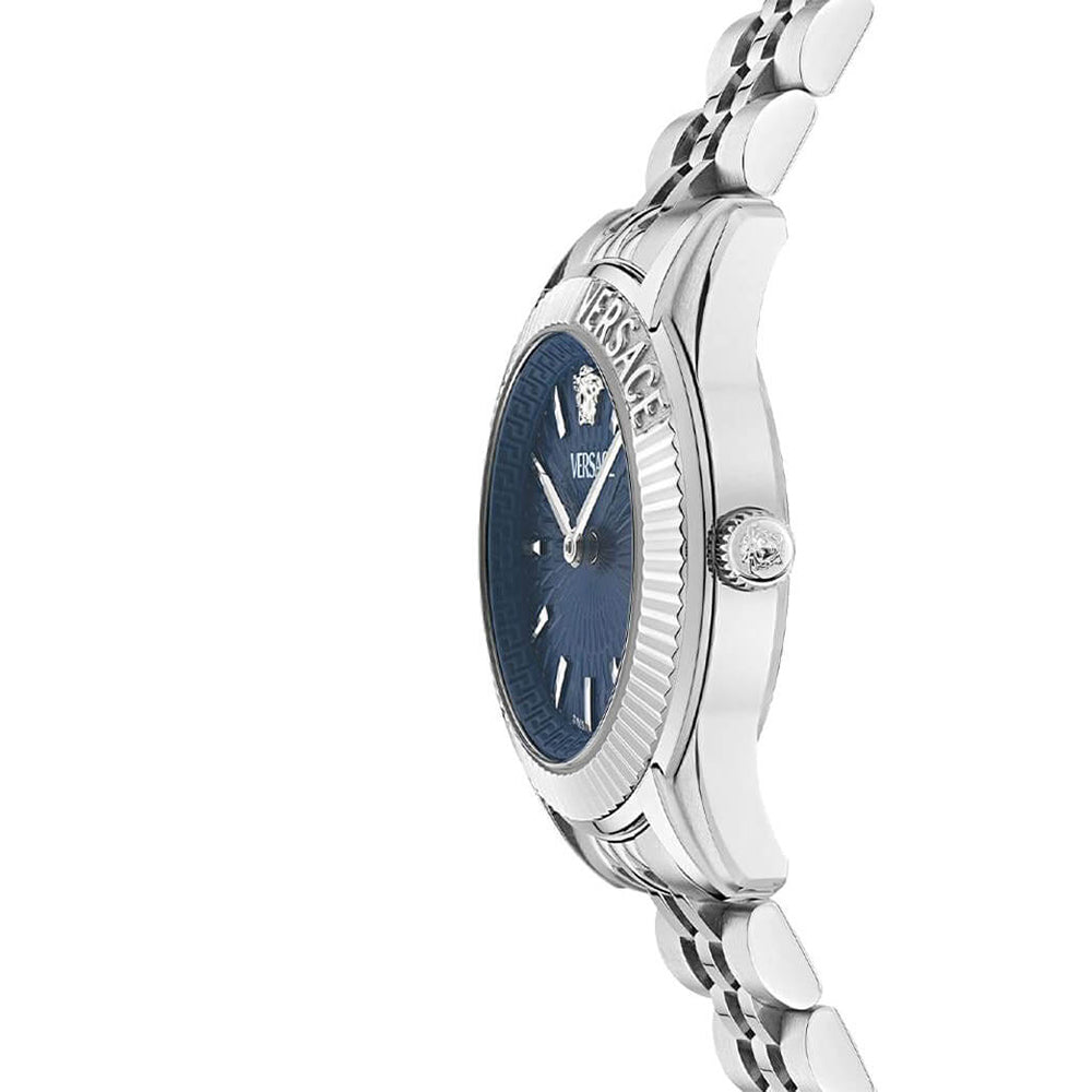 Side angle view of Versace Greca watch with fluted bezel and bracelet