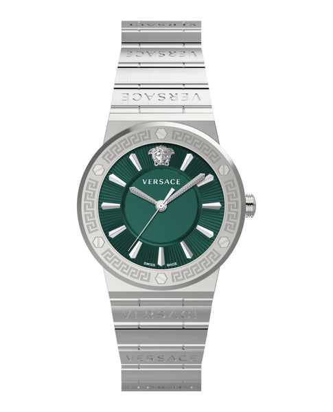 Versace Greca women's watch with silver case, green dial, and silver bracelet
