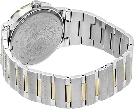 Caseback of Versace Greca watch showing engraved Medusa head and stainless steel construction