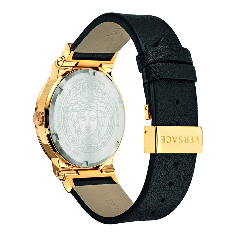 Caseback of Versace Greca watch with engraved Medusa medallion design and leather strap