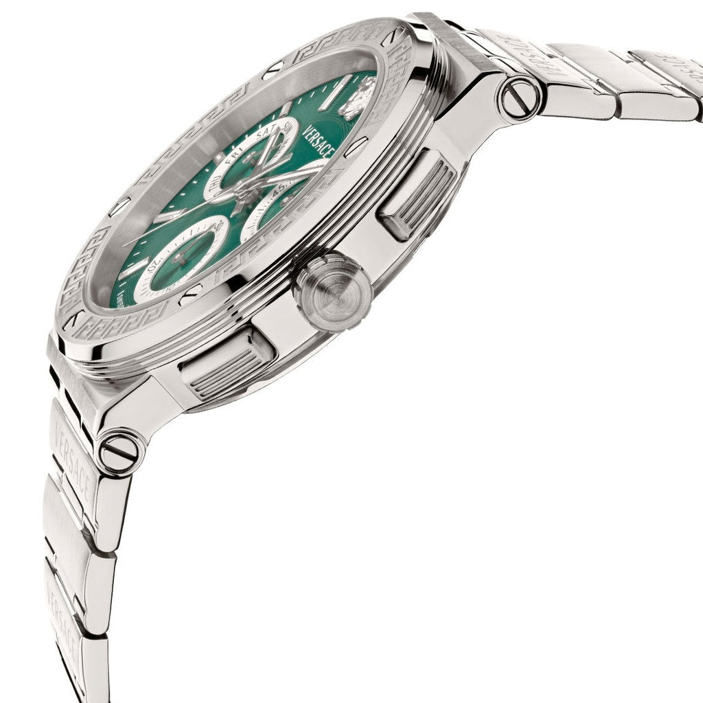 Side angle view of Versace chronograph with green dial and silver steel case