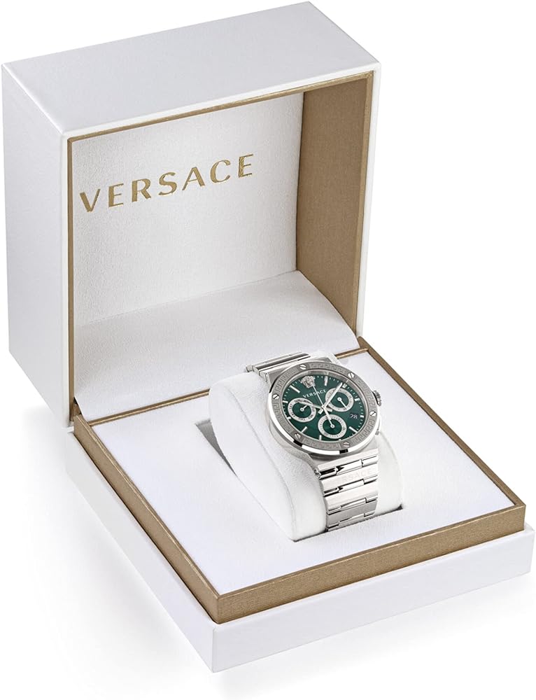 Versace branded watch box containing Greca chronograph with green dial