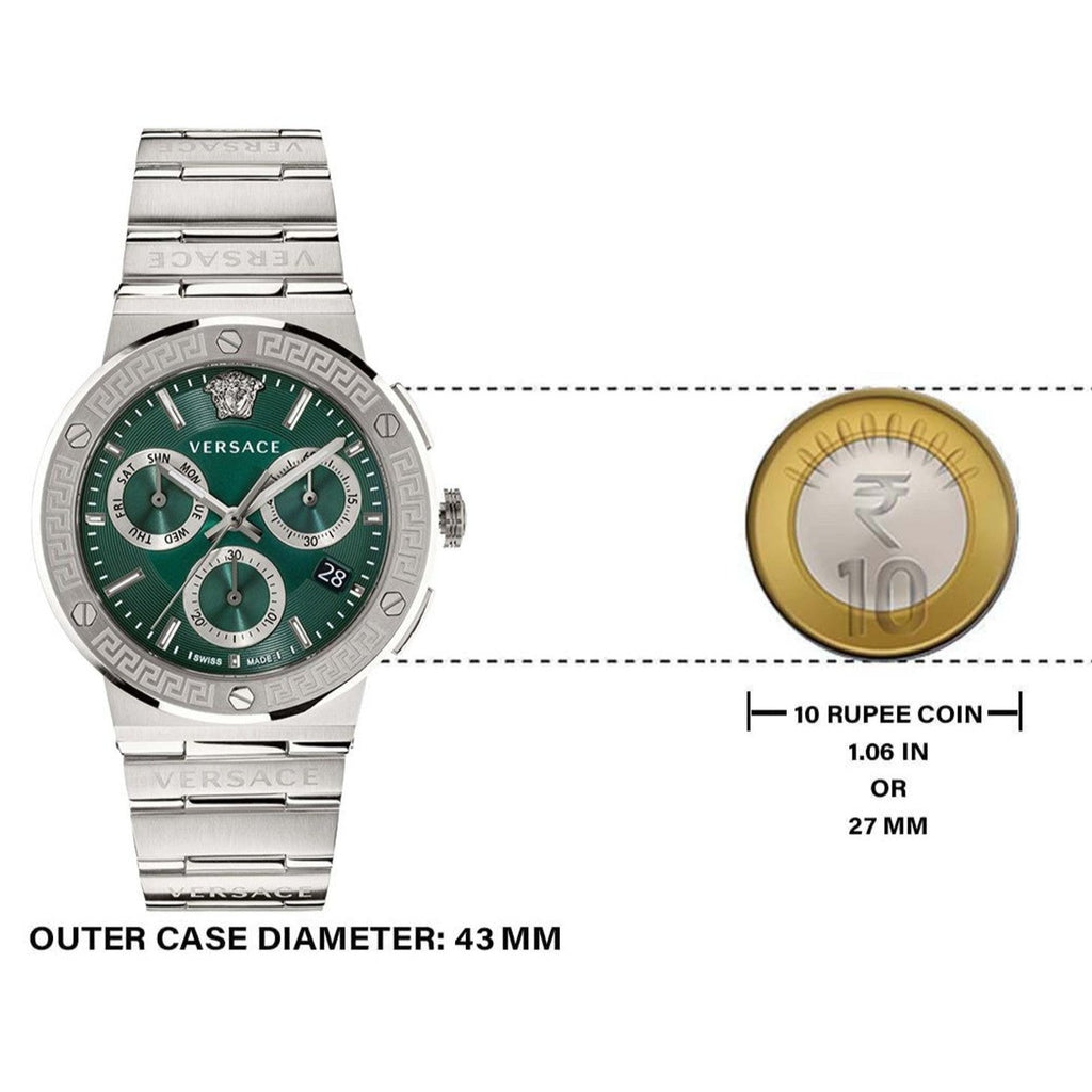 Dial detail showing 43mm case diameter with Greca logo bezel and chronograph subdials