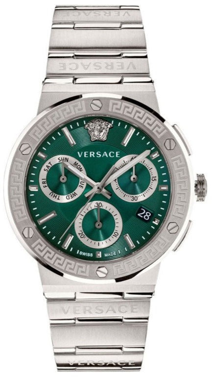 Versace Greca chronograph watch with green dial and silver steel bracelet