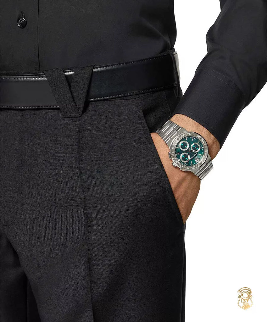 Versace Greca chronograph watch worn on wrist with green dial